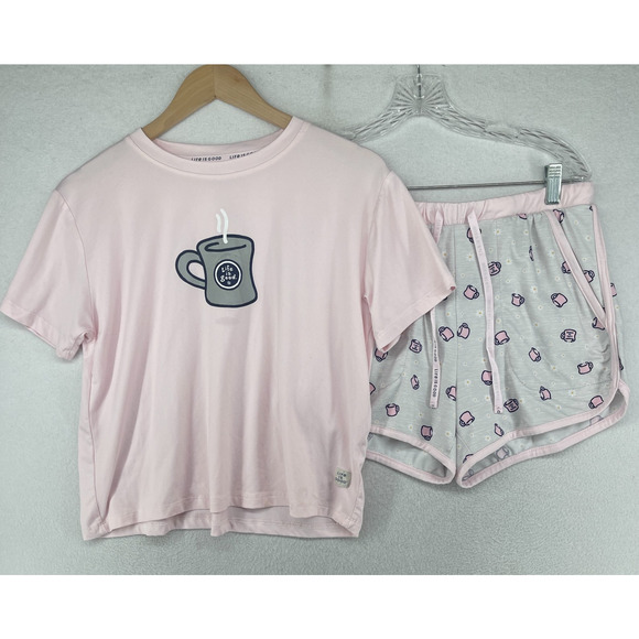 LIFE IS GOOD Pajama Set S COFFEE CUP 2 Piece PJ Short Sleeve Top and Shorts Pink - Picture 1 of 16